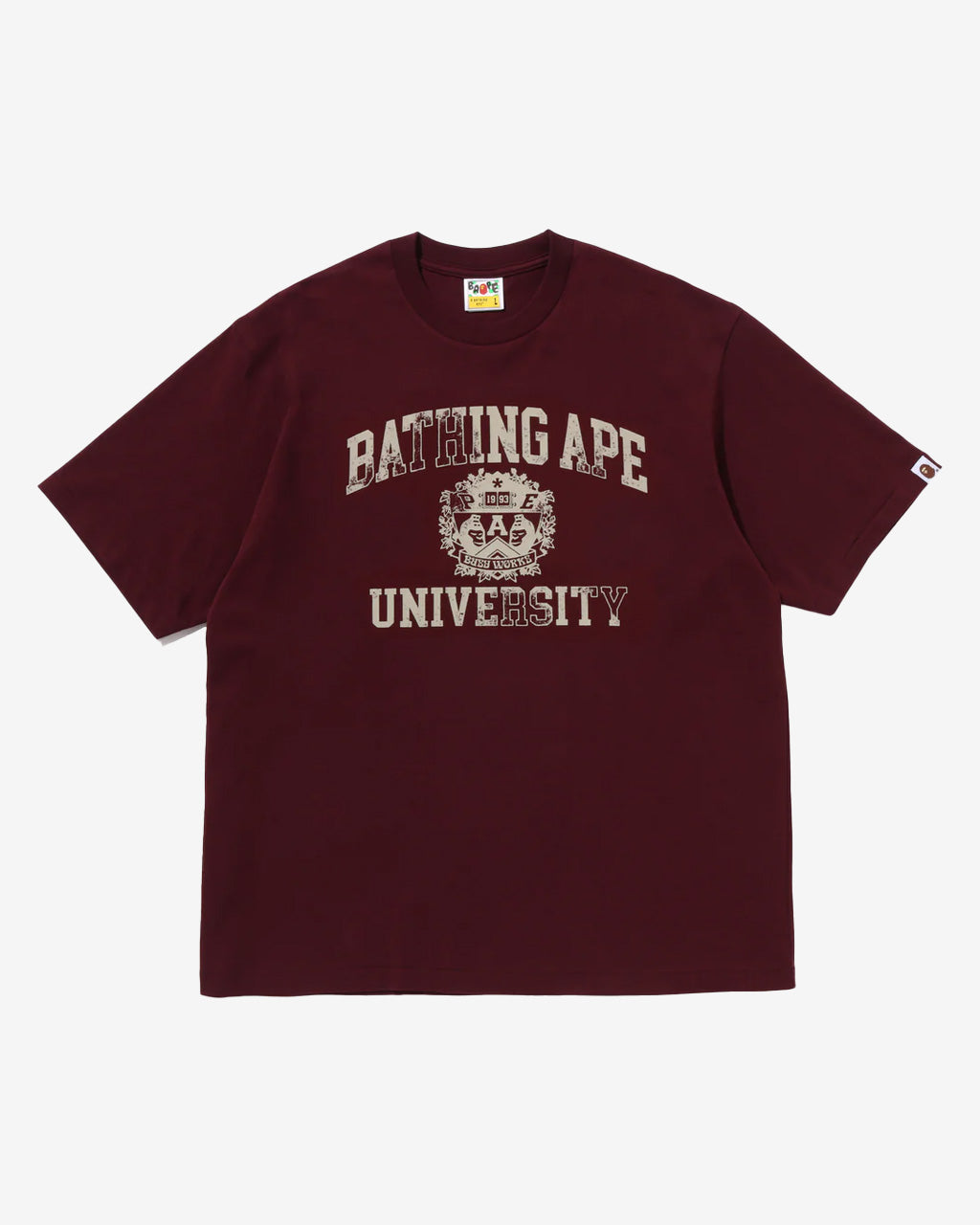 A BATHING APE Spray Print College Logo Relaxed Fit Tee Burgundy